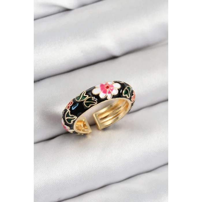 Pirinç Siyah Mineli Çiçek Motifli Gold Renk Ayarlanabilir Kadın Yüzük