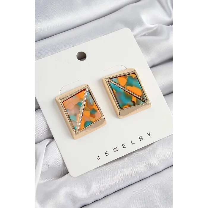 Pirinç  Turuncu Yeşil Üçgen Kesim Detaylı Kare Model Vintage Gold Renk Kadın Küpe