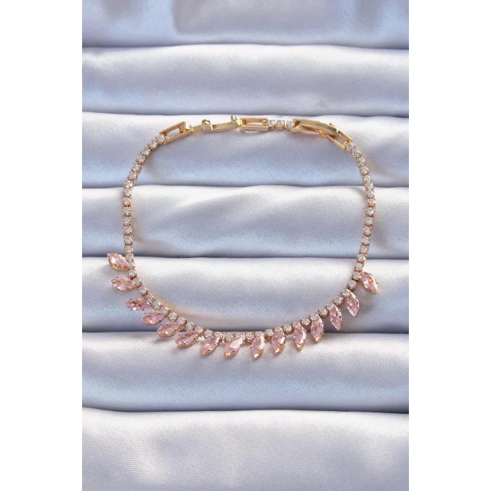 Pirinç Vip Seri Altın Renk Pembe Zirkon Taşlı Bileklik
