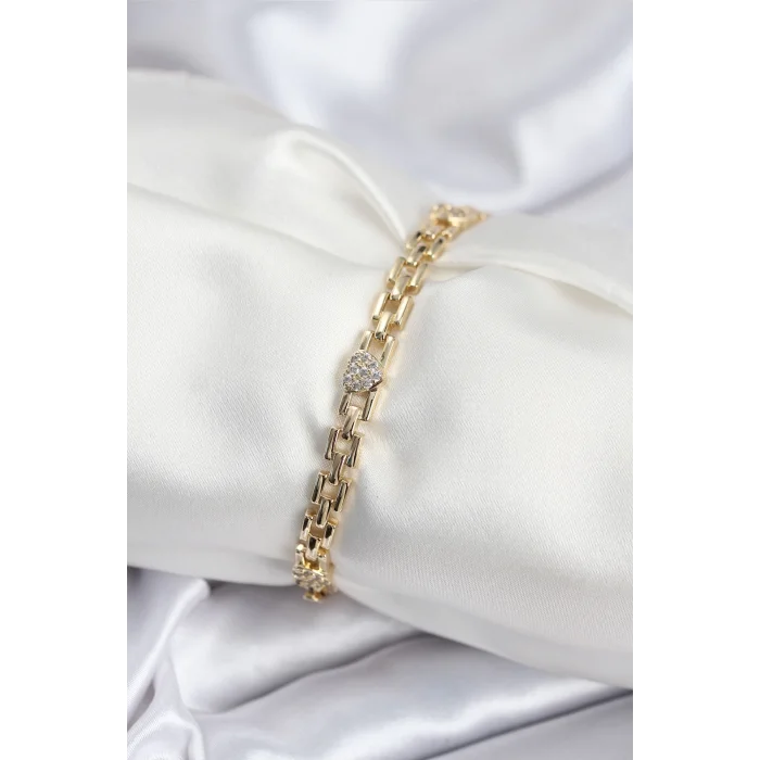 Pirinç VIP Seri Gold Renk Zincir Model Kalpli Zirkon Taşlı Kadın Bileklik