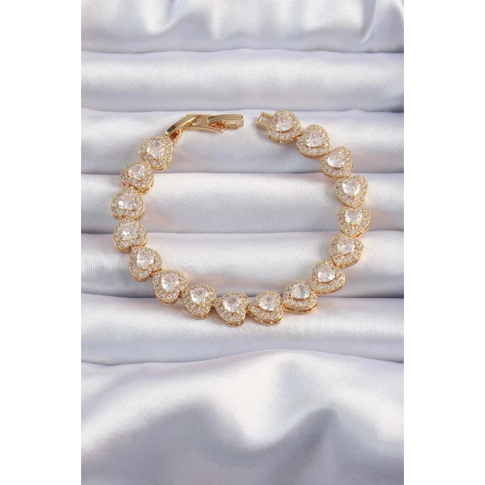 Pirinç Vip Seri Gold Renk Zirkon Taşlı Kalp Model Bileklik