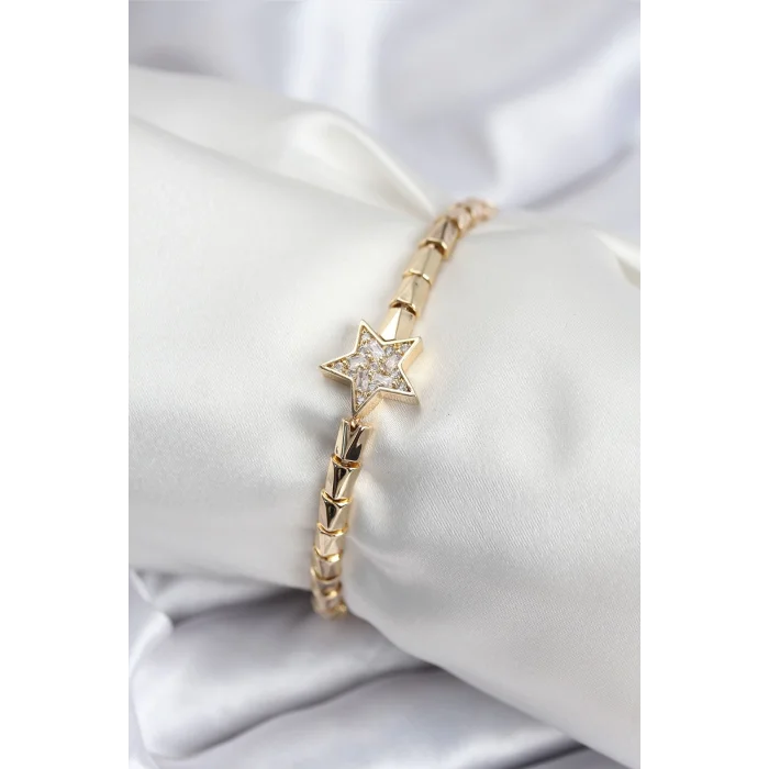 Pirinç VIP Seri Gold Renk Zirkon Taşlı Yıldız Model Kadın Bileklik