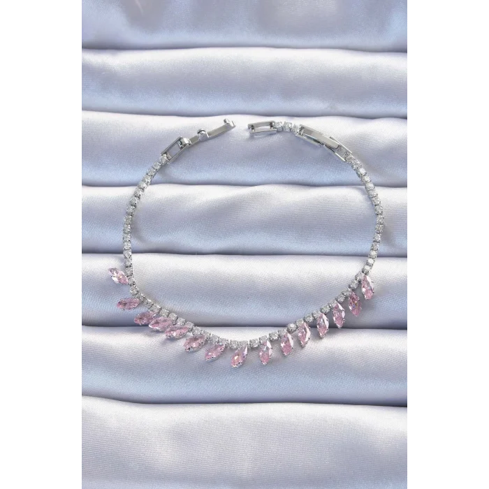 Pirinç Vip Seri Gümüş Renk Pembe Zirkon Taşlı Bileklik