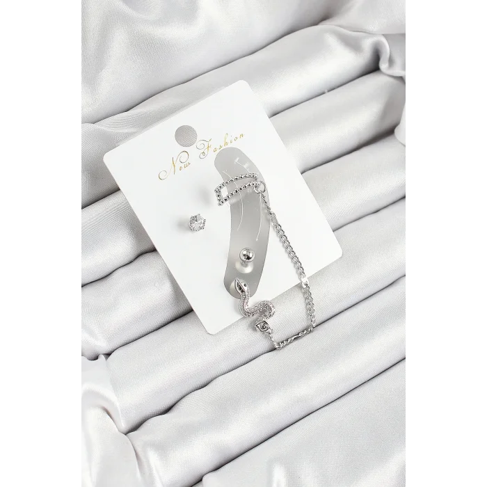 Pirinç Yılan Figürlü Zirkon Taşlı Gümüş Renk 3lü Kıkırdak Kadın Küpe Set