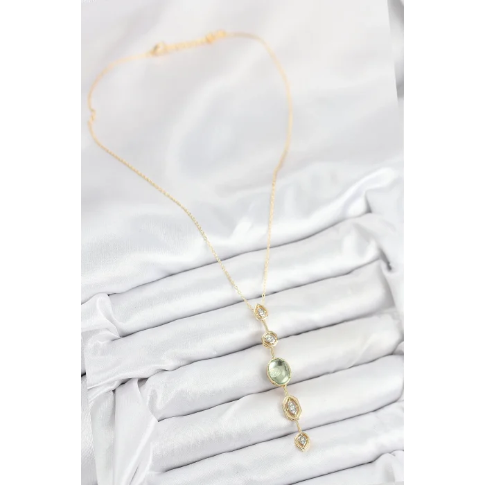 Pirinç Zincir Yeşil Gold Renk Zirkon Taşlı Y Kolye