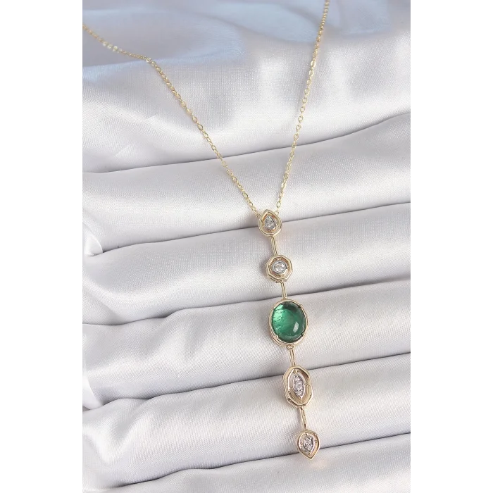 Pirinç Zincir Zümrüt Yeşil Gold Renk Zirkon Taşlı Y Kolye