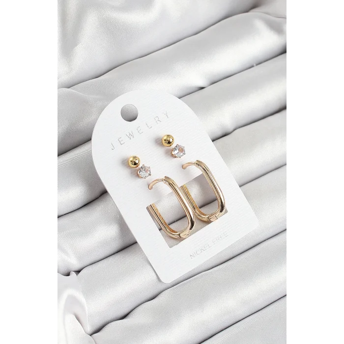 Pirinç Zirkon Taş Ve Dikdörtgen Figürlü Gold Renk 3lü Çift Kadın Küpe Set