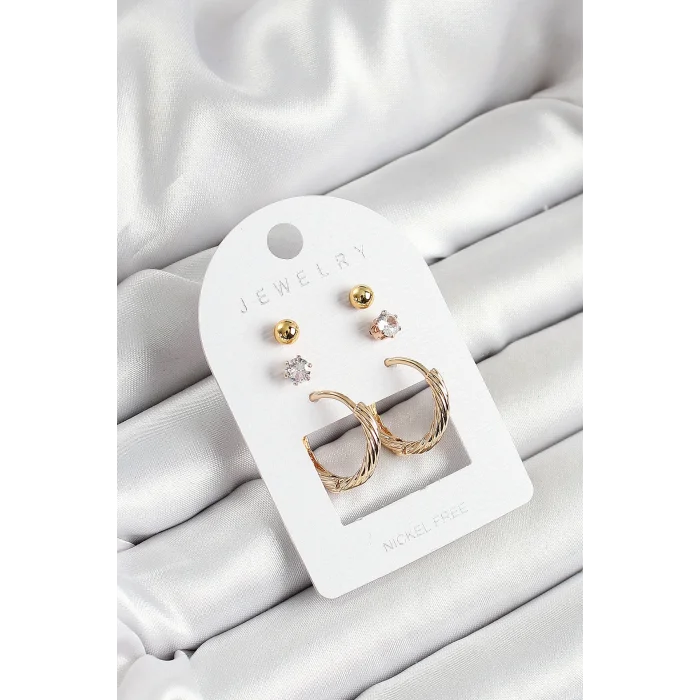 Pirinç Zirkon Taş Ve Halka Figürlü Gold Renk 3lü Çift Kadın Küpe Set