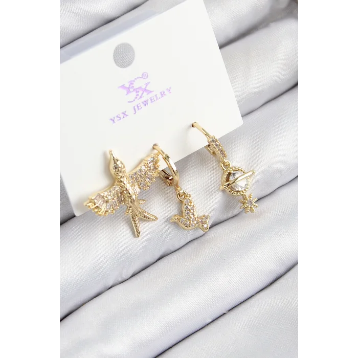 Pirinç Zirkon Taşlı 3lü Kuş Model Gold Renk Kadın Küpe