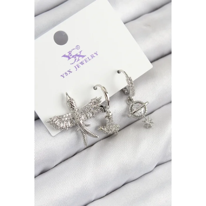 Pirinç Zirkon Taşlı 3lü Kuş Model Gümüş Renk Kadın Küpe