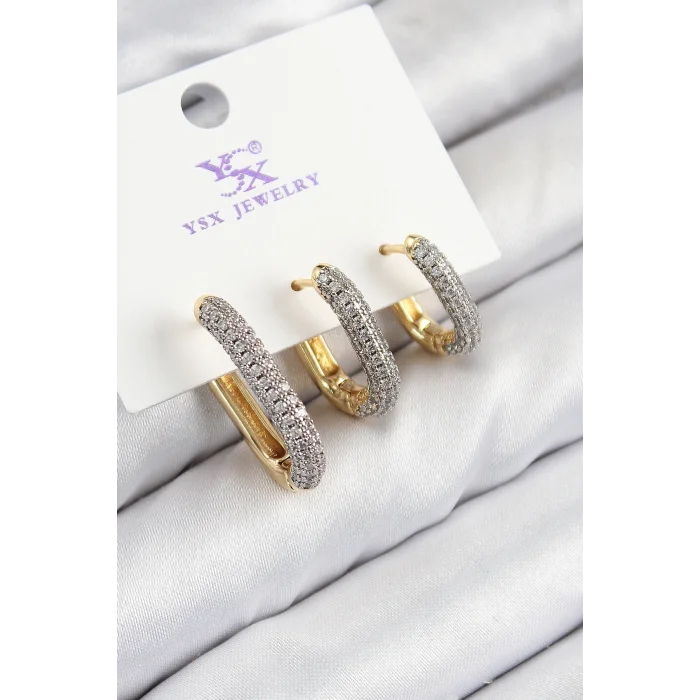 Pirinç Zirkon Taşlı 3lü Oval Dikdörtgen Model Gold Ve Gümüş Renk Kadın Küpe