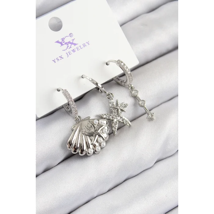 Pirinç Zirkon Taşlı 3lü Yıldız Ve İstiridye Model Gümüş Renk Kadın Küpe