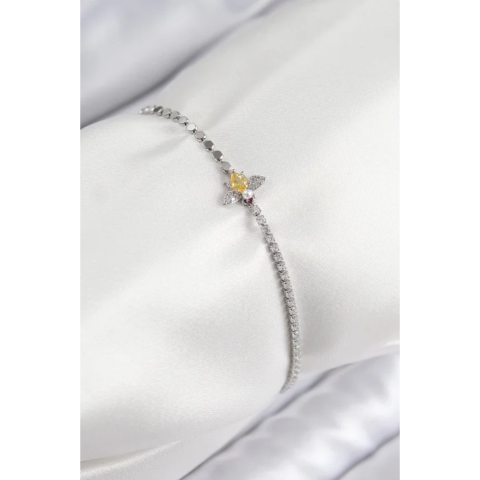 Pirinç Zirkon Taşlı Arı Model Ezme Zincir Gümüş Renk Kadın Bileklik