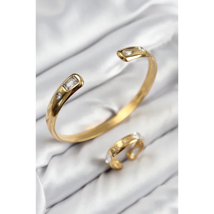 Pirinç Zirkon Taşlı Ayrık Model Gold Renk Bileklik Yüzük Set
