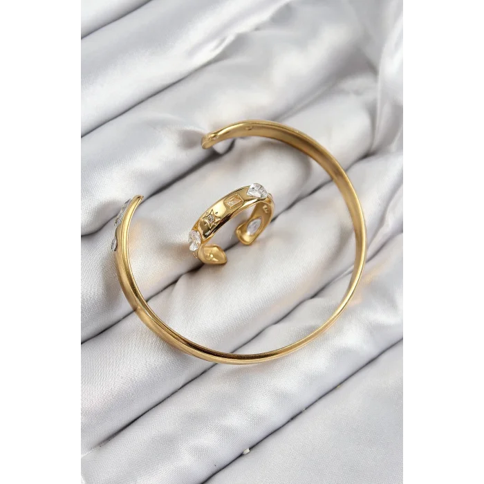 Pirinç Zirkon Taşlı Ayrık Model Gold Renk Bileklik Yüzük Set