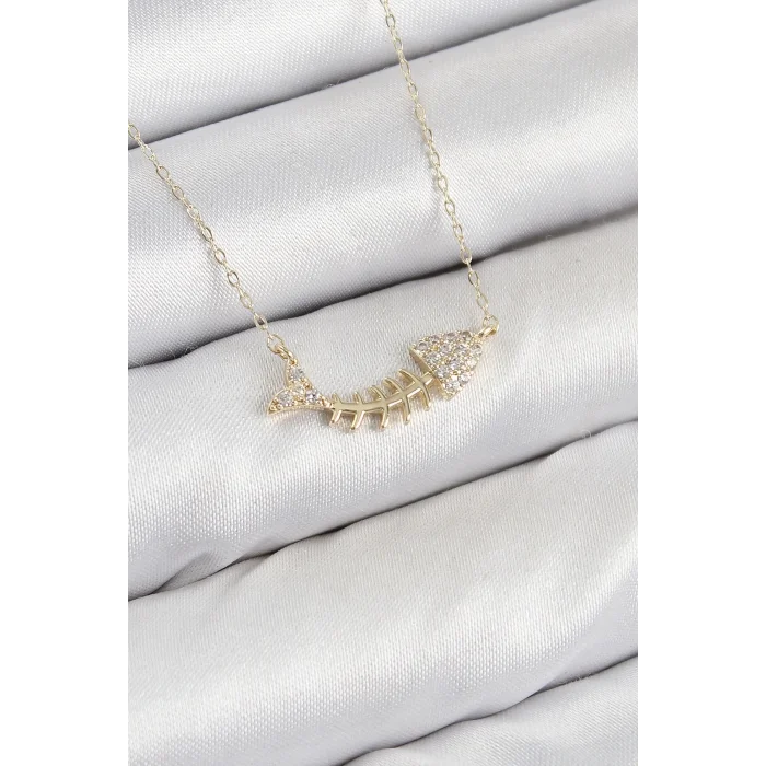 Pirinç Zirkon Taşlı Balık Kılçığı Model Gold Renk Kadın Kolye