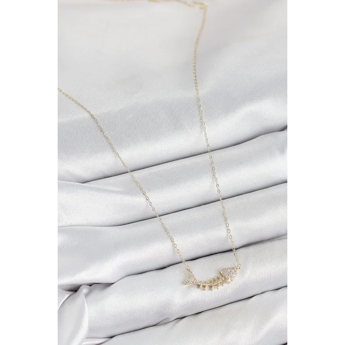 Pirinç Zirkon Taşlı Balık Kılçığı Model Gold Renk Kadın Kolye