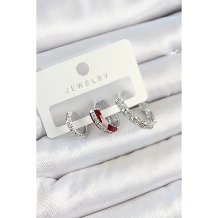 Pirinç Zirkon Taşlı Bordo Pembe Halka Model Gümüş Renk 3lü Çift Kadın Küpe Set