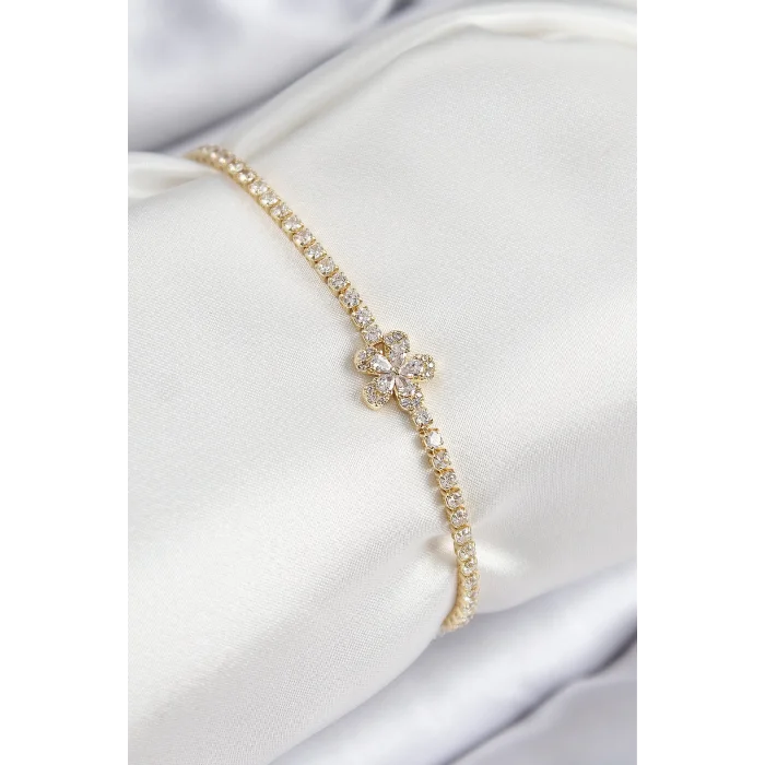 Pirinç Zirkon Taşlı Çiçek Model Gold Renk Kadın Bileklik