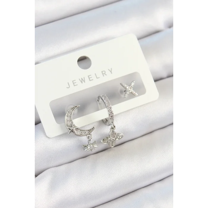 Pirinç Zirkon Taşlı Çiçek Ve Ay Model Gümüş Renk 3lü Çift Kadın Küpe Set