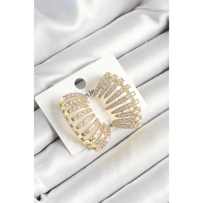 Pirinç Zirkon Taşlı Çoklu Görünümlü Model Gold Renk Kadın Küpe