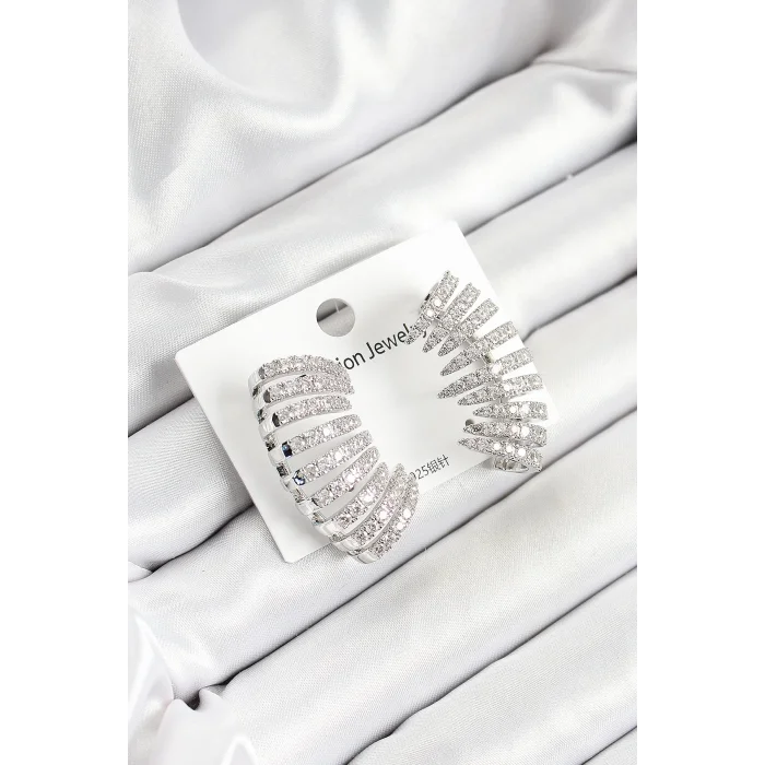 Pirinç Zirkon Taşlı Çoklu Görünümlü Model Gümüş Renk Kadın Küpe