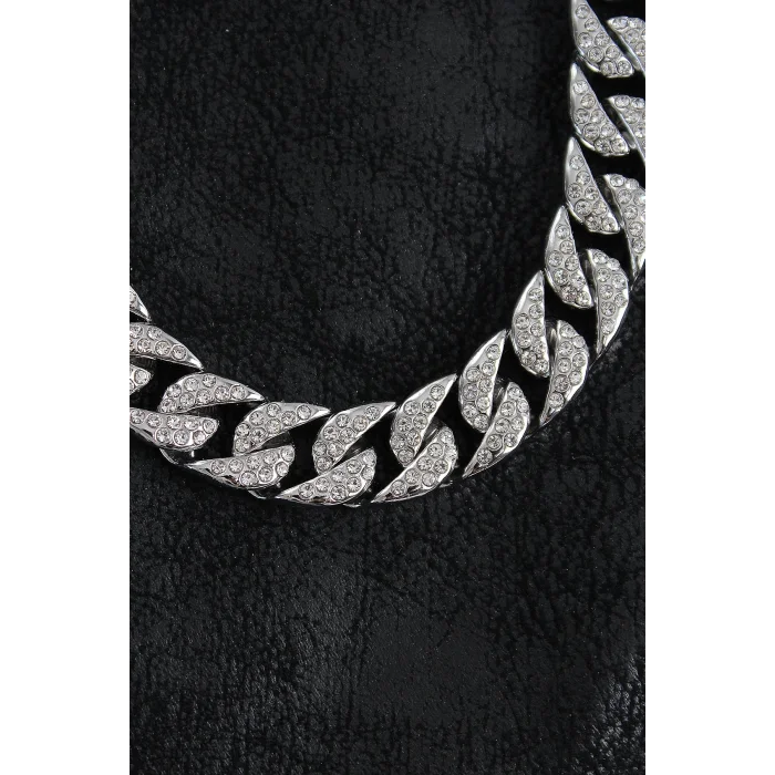 Pirinç Zirkon Taşlı Cuba Gurmet Model Gümüş Renk Erkek Kolye