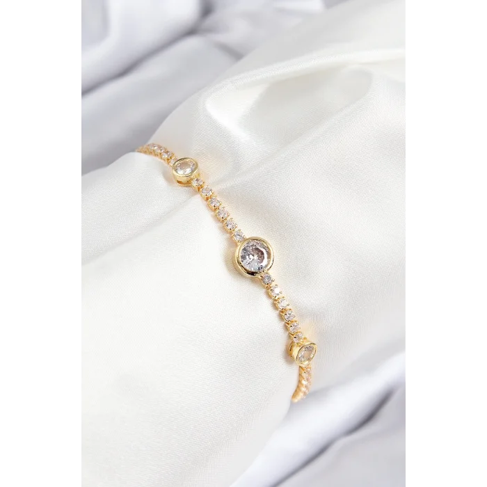 Pirinç Zirkon Taşlı Daire Model Gold Renk Asansörlü Kadın Bileklik