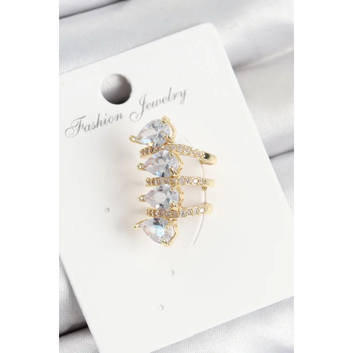 Pirinç Zirkon Taşlı Damla Model Gold Renk Sağ Kıkırdak Küpe