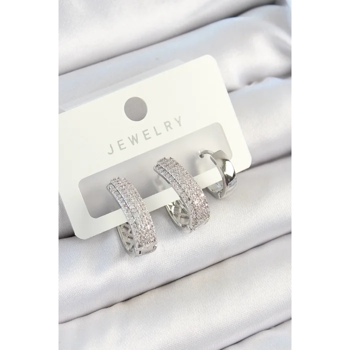 Pirinç Zirkon Taşlı Damla Model Gümüş Renk 3lü Çift Kadın Küpe Set