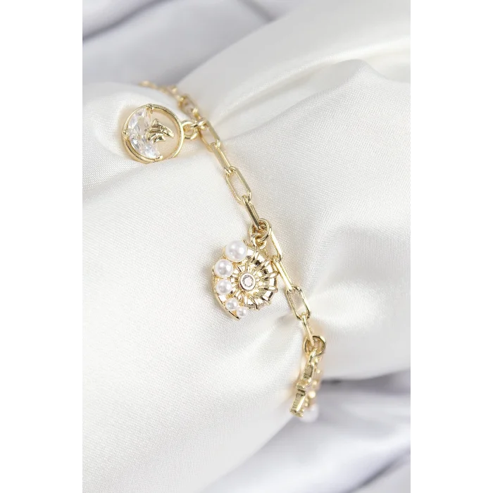 Pirinç Zirkon Taşlı Deniz Kabuğu Model Gold Renk Kadın Bileklik