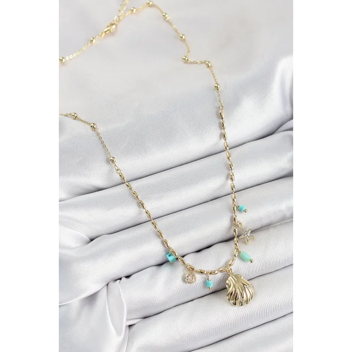 Pirinç Zirkon Taşlı Deniz Kabuğu Model Gold Renk Kadın Kolye