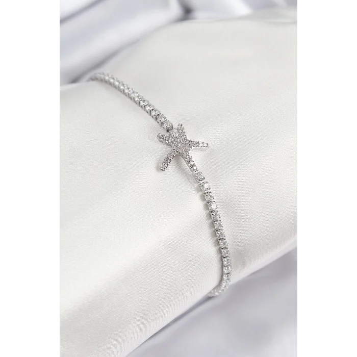 Pirinç Zirkon Taşlı Deniz Yıldızı Model Gümüş Renk Kadın Bileklik