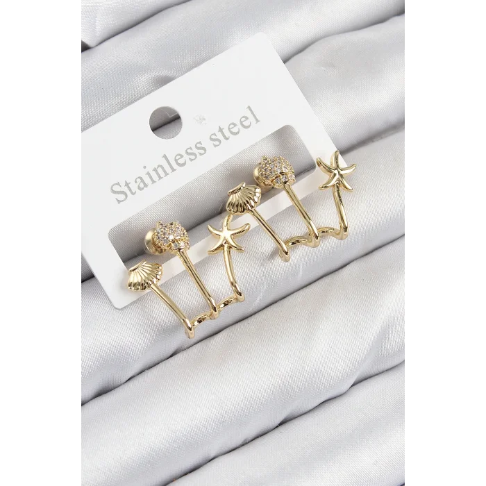 Pirinç Zirkon Taşlı Deniz Yıldızı ve İstiridye Model Gold Renk Kadın Küpe