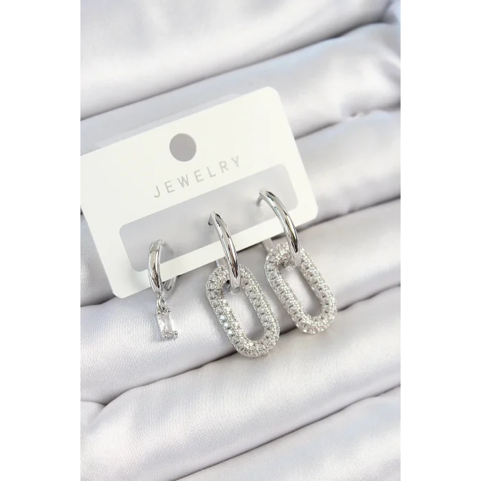 Pirinç Zirkon Taşlı Dikdörtgen Model Gümüş Renk 3lü Çift Kadın Küpe Set