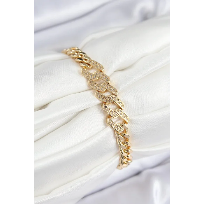 Pirinç Zirkon Taşlı Ezme Küba Zincir Model Gold Renk Kadın Bileklik