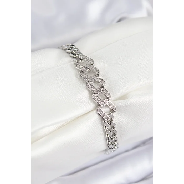 Pirinç Zirkon Taşlı Ezme Küba Zincir Model Gümüş Renk Kadın Bileklik