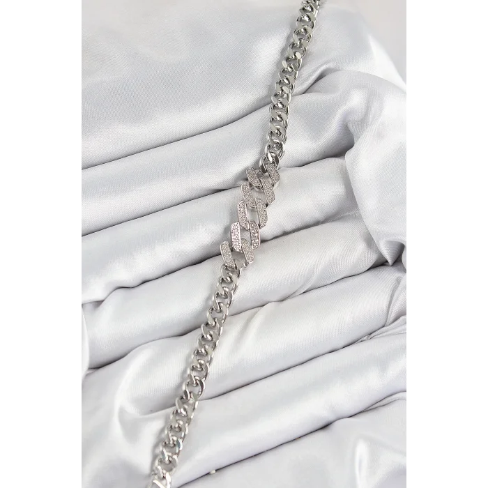 Pirinç Zirkon Taşlı Ezme Küba Zincir Model Gümüş Renk Kadın Bileklik