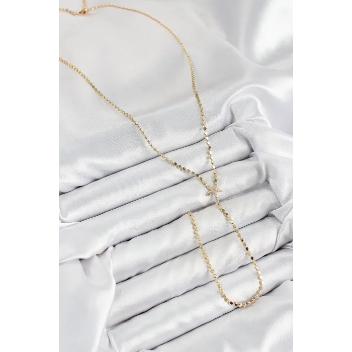 Pirinç Zirkon Taşlı Ezme Zincirli Deniz Yıldızı Model Gold Renk Y Kolye