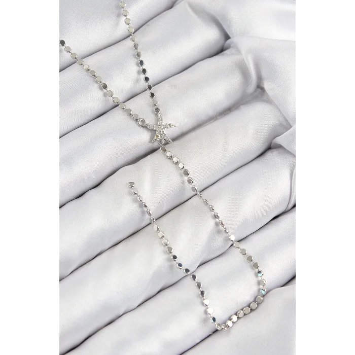 Pirinç Zirkon Taşlı Ezme Zincirli Deniz Yıldızı Model Gümüş Renk Y Kolye