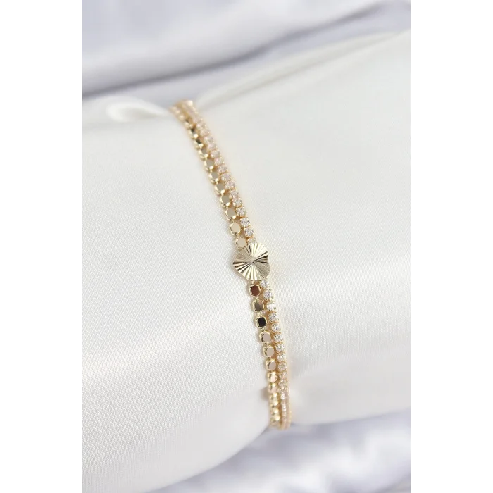 Pirinç Zirkon Taşlı Ezme Zincirli Kalp Model Gold Renk Kadın Bilekilk