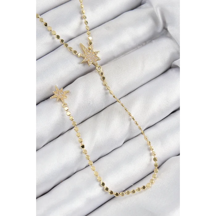 Pirinç Zirkon Taşlı Ezme Zincirli Kutup Yıldızı Model Gold Renk Y Kolye