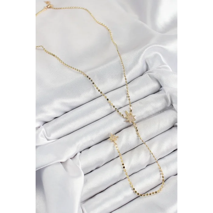 Pirinç Zirkon Taşlı Ezme Zincirli Kutup Yıldızı Model Gold Renk Y Kolye