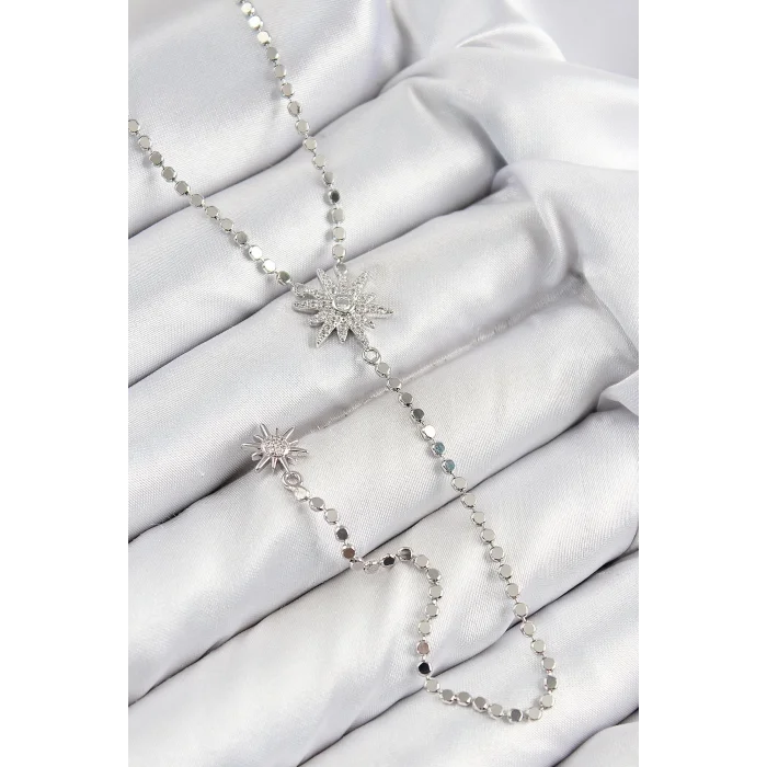 Pirinç Zirkon Taşlı Ezme Zincirli Kutup Yıldızı Model Gümüş Renk Y Kolye