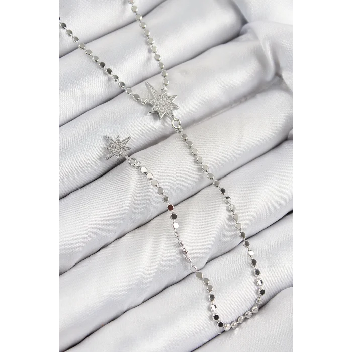 Pirinç Zirkon Taşlı Ezme Zincirli Kutup Yıldızı Model Gümüş Renk Y Kolye