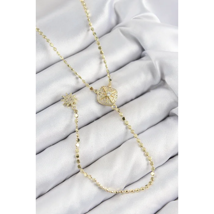 Pirinç Zirkon Taşlı Ezme Zincirli Madalyon Model Gold Renk Y Kolye