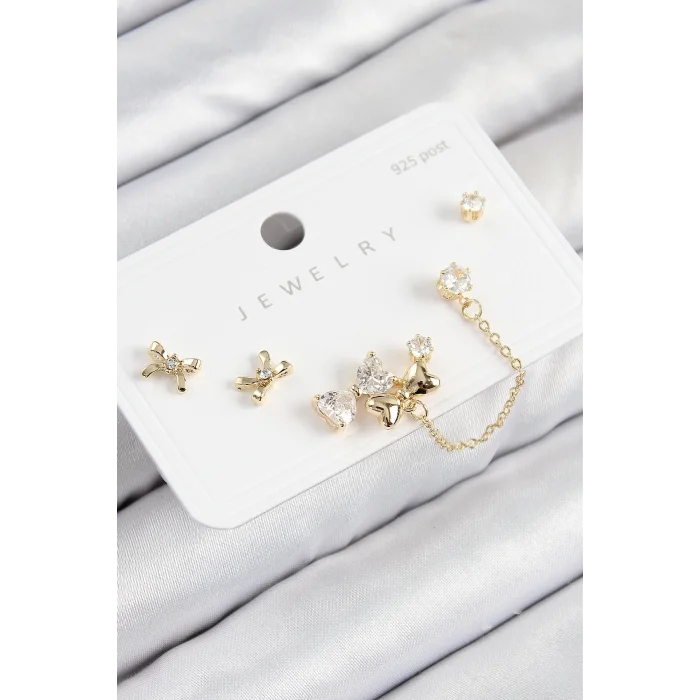 Pirinç Zirkon Taşlı Fiyonk Model Gold Renk 925 Ayar Gümüş Çivi Kadın Küpe Set