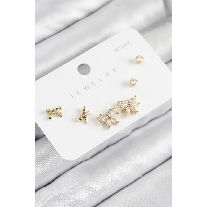 Pirinç Zirkon Taşlı Fiyonk Model Gold Renk 925 Ayar Gümüş Çivi Kadın Küpe Set