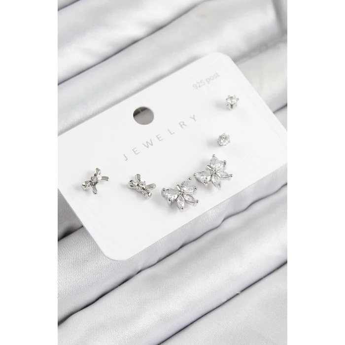 Pirinç Zirkon Taşlı Fiyonk Model Gümüş Renk 925 Ayar Gümüş Çivi Kadın Küpe Set