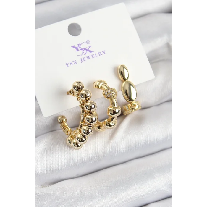 Pirinç Zİrkon Taşlı Halka Model Gold Renk 3lü Kadın Küpe